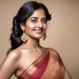 A confident and attractive Indian woman wearing a sleeveless sari, proudly showing her armpit hair