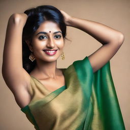 A confident and attractive Indian woman wearing a sleeveless sari, proudly showing her armpit hair