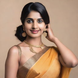 A confident and attractive Indian woman wearing a sleeveless sari, proudly showing her armpit hair