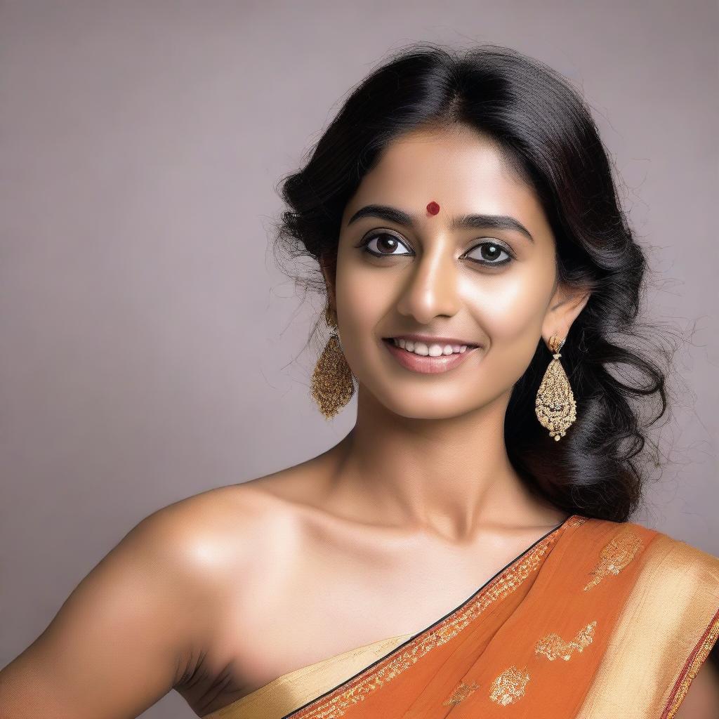 A confident and attractive Indian woman in a sleeveless sari, proudly showing her armpit hair