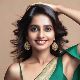 A confident and attractive Indian woman in a sleeveless sari, proudly showing her armpit hair