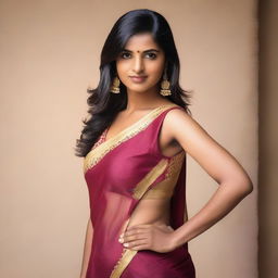 A confident and attractive Indian woman in a sleeveless sari, proudly showing her armpit hair