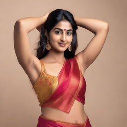 A confident and attractive Indian woman in a sleeveless sari, proudly showing her armpit hair