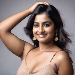 A confident and attractive Indian woman with a fuller figure, proudly showing her armpit hair