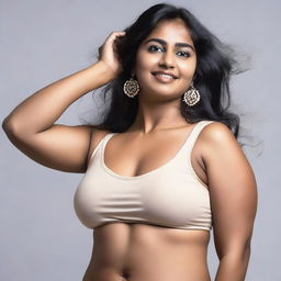 A confident and attractive Indian woman with a fuller figure, proudly showing her armpit hair