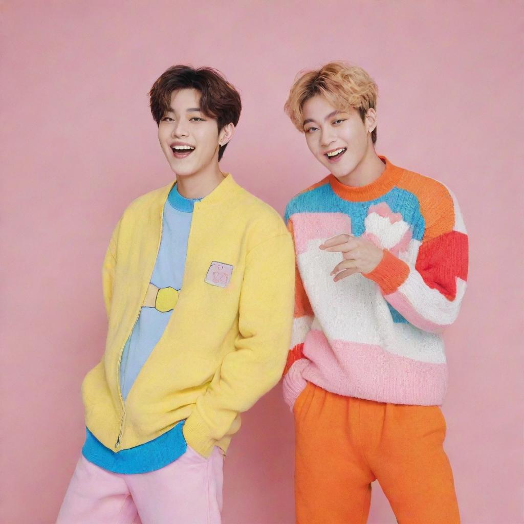 Yeonjun and Soobin from TXT in a playful photoshoot. They're dressed in colorful, trendy clothing, laughing and having a good time together.