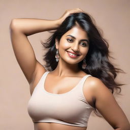 A confident and attractive Indian woman with a fuller figure, proudly showing her armpit hair