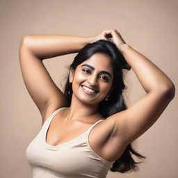 A confident and attractive Indian woman with a fuller figure, proudly showing her armpit hair