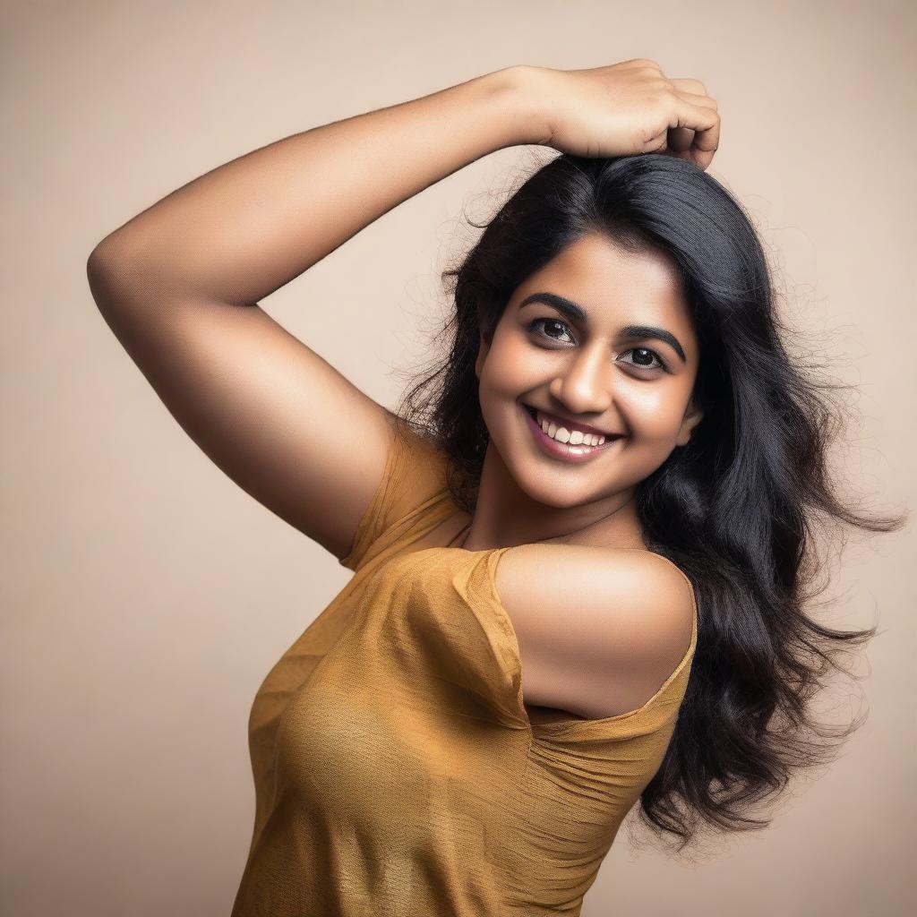 A confident and attractive Indian woman with a fuller figure, proudly showing her hairy armpits