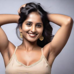 A confident and attractive Indian woman with a fuller figure, proudly showing her hairy armpits