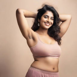 A confident and attractive Indian woman with a fuller figure, proudly showing her hairy armpits