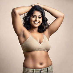 A confident and attractive Indian woman with a fuller figure, proudly showing her hairy armpits