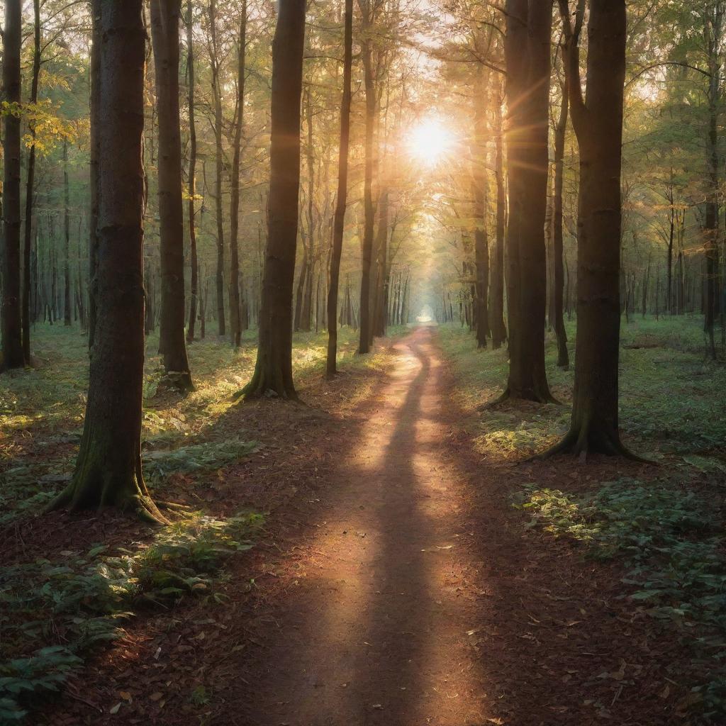 An enchanting forest during sunset with golden rays filtering through the leaves, casting long shadows on the path ahead.