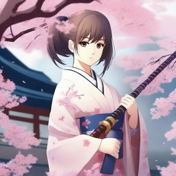 An anime-style young girl holding a traditional Japanese katana, standing in a serene Japanese garden with cherry blossom trees in full bloom