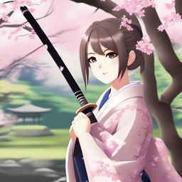 An anime-style young girl holding a traditional Japanese katana, standing in a serene Japanese garden with cherry blossom trees in full bloom