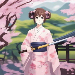 An anime-style young girl holding a traditional Japanese katana, standing in a serene Japanese garden with cherry blossom trees in full bloom