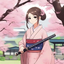 An anime-style young girl holding a traditional Japanese katana, standing in a serene Japanese garden with cherry blossom trees in full bloom