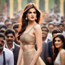 A striking image of Kriti Sanon looking sexy and alluring, surrounded by a huge and dense crowd of 50 people