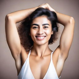 A woman confidently showing her hairy armpits