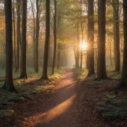 An enchanting forest during sunset with golden rays filtering through the leaves, casting long shadows on the path ahead.