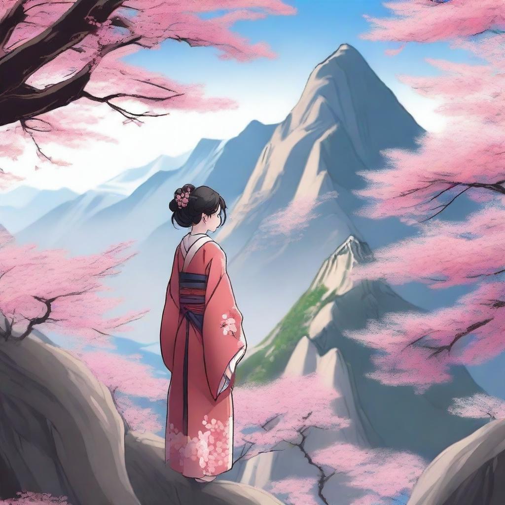 A beautiful anime-style scene featuring Mount Hua with cherry blossom trees in full bloom