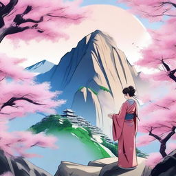 A beautiful anime-style scene featuring Mount Hua with cherry blossom trees in full bloom