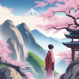 A beautiful anime-style scene featuring Mount Hua with cherry blossom trees in full bloom