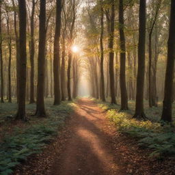 An enchanting forest during sunset with golden rays filtering through the leaves, casting long shadows on the path ahead.