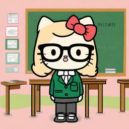 Create an image of Hello Kitty as a teacher with medium-length blonde hair and glasses