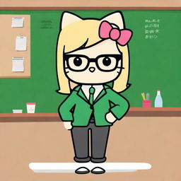 Create an image of Hello Kitty as a teacher with medium-length blonde hair and glasses