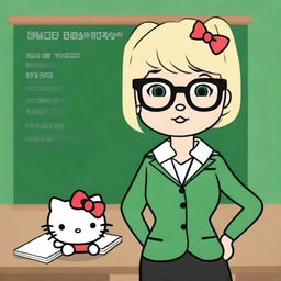 Create an image of Hello Kitty as a teacher with medium-length blonde hair and glasses