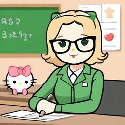 Create an image of Hello Kitty as a teacher with medium-length blonde hair and glasses