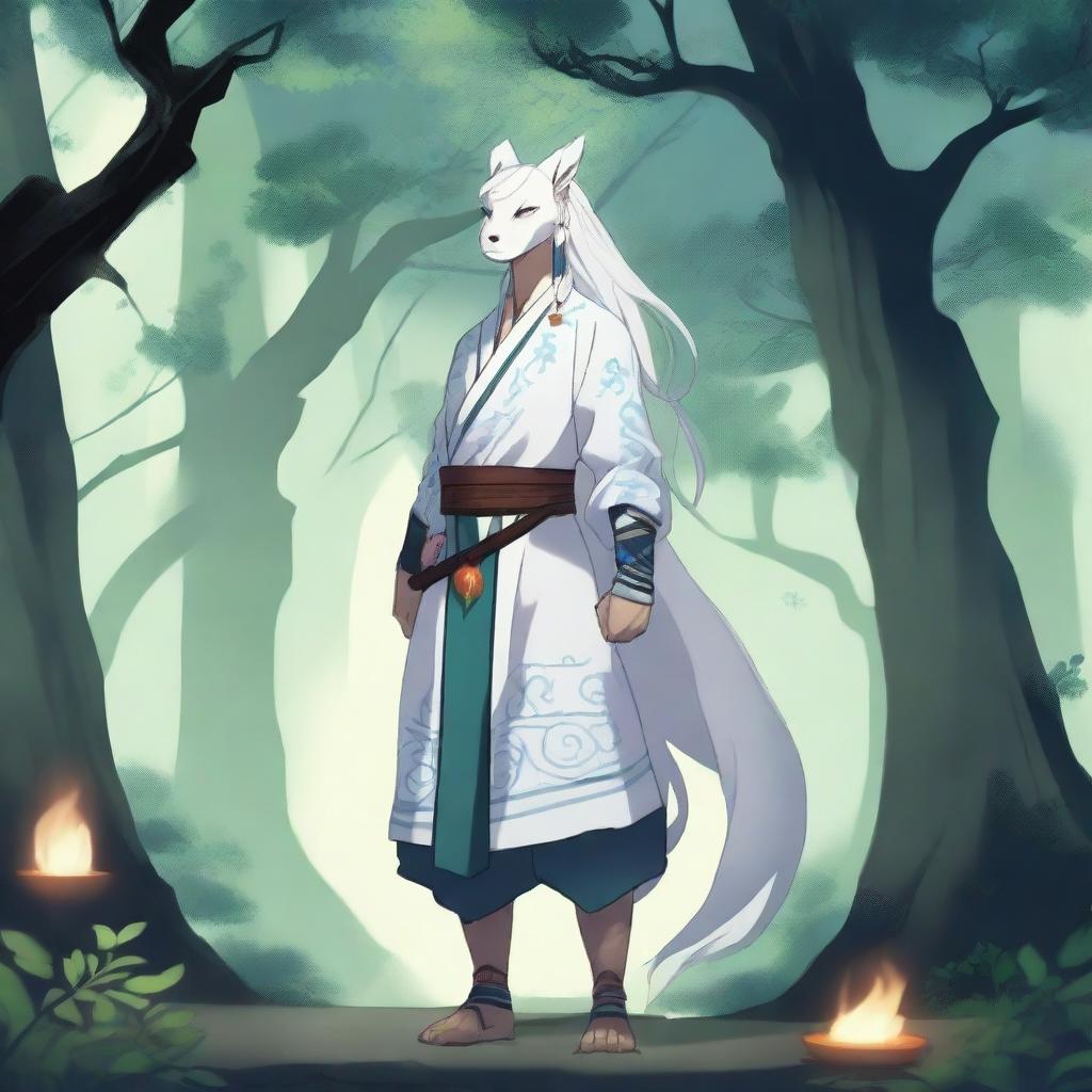 A Kor with a long white ponytail and a scar through one eye, standing in a mystical forest