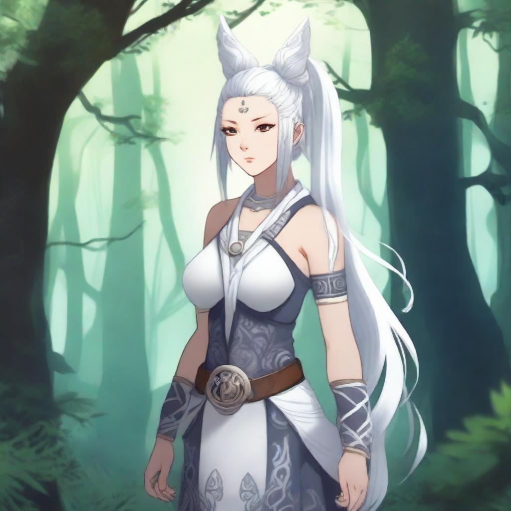 A Kor with a long white ponytail and a scar through one eye, standing in a mystical forest