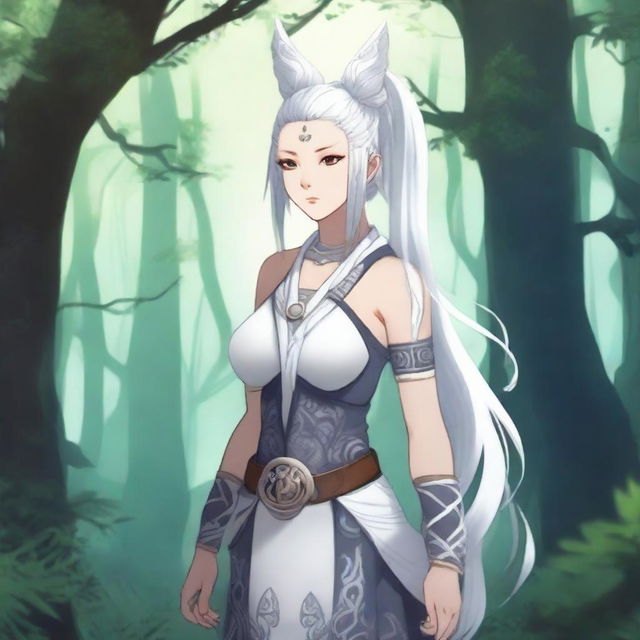 A Kor with a long white ponytail and a scar through one eye, standing in a mystical forest