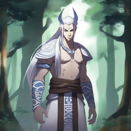 A Kor with a long white ponytail and a scar through one eye, standing in a mystical forest