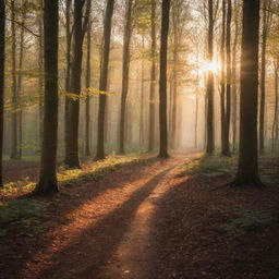 An enchanting forest during sunset with golden rays filtering through the leaves, casting long shadows on the path ahead.