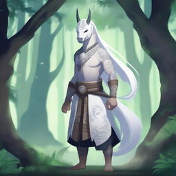 A Kor with a long white ponytail and a scar through one eye, standing in a mystical forest