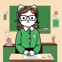 Create an image of Hello Kitty as a teacher with medium-length balayage hair and glasses