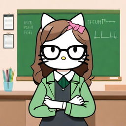 Create an image of Hello Kitty as a teacher with medium-length balayage hair and glasses