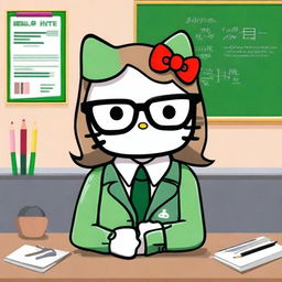 Create an image of Hello Kitty as a teacher with medium-length balayage hair and glasses