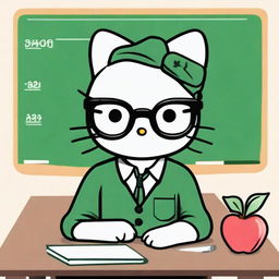 Create an image of Hello Kitty as a teacher with medium-length balayage hair and glasses