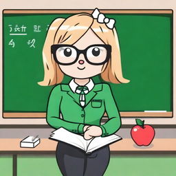 Create an image of Hello Kitty as a teacher with medium-length blonde balayage hair and glasses