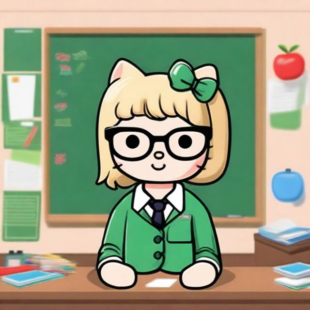 Create an image of Hello Kitty as a teacher with medium-length blonde balayage hair and glasses