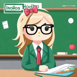 Create an image of Hello Kitty as a teacher with medium-length blonde balayage hair and glasses