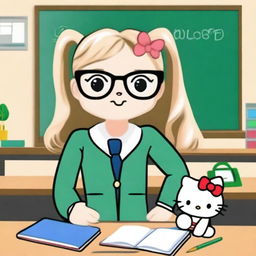 Create an image of Hello Kitty as a teacher with medium-length blonde balayage hair and glasses