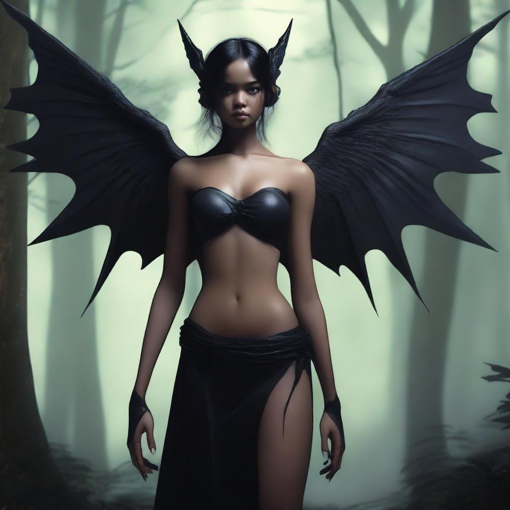 A realistic depiction of a Tiktik girl, a mythical creature from Philippine folklore, with an all-black body