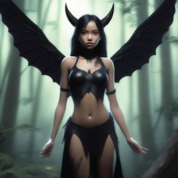 A realistic depiction of a Tiktik girl, a mythical creature from Philippine folklore, with an all-black body