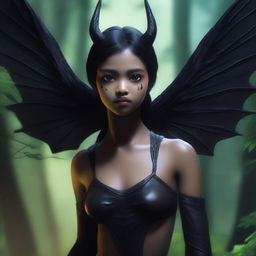 A realistic depiction of a Tiktik girl, a mythical creature from Philippine folklore, with an all-black body