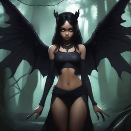 A realistic depiction of a Tiktik girl, a mythical creature from Philippine folklore, with an all-black body